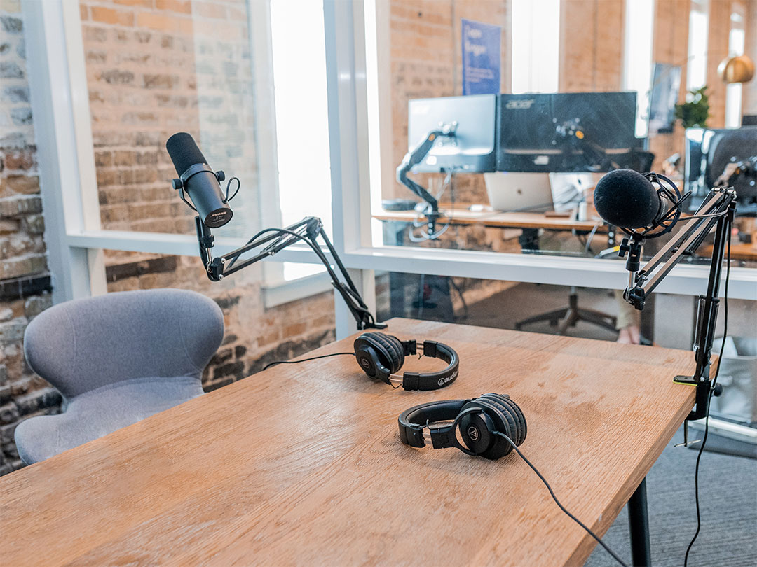 Image of an office podcast setup. 